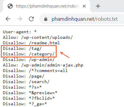 Disallow Category & Tag để tránh lỗi trùng lặp nội dung.