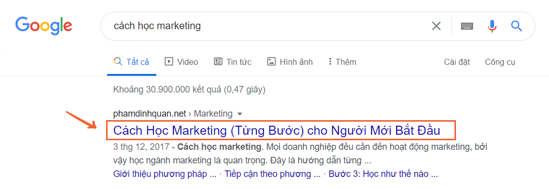 Ví dụ về thẻ mô tả (title tag) khi hiển thị trong trang kết quả tìm kiếm của Google.